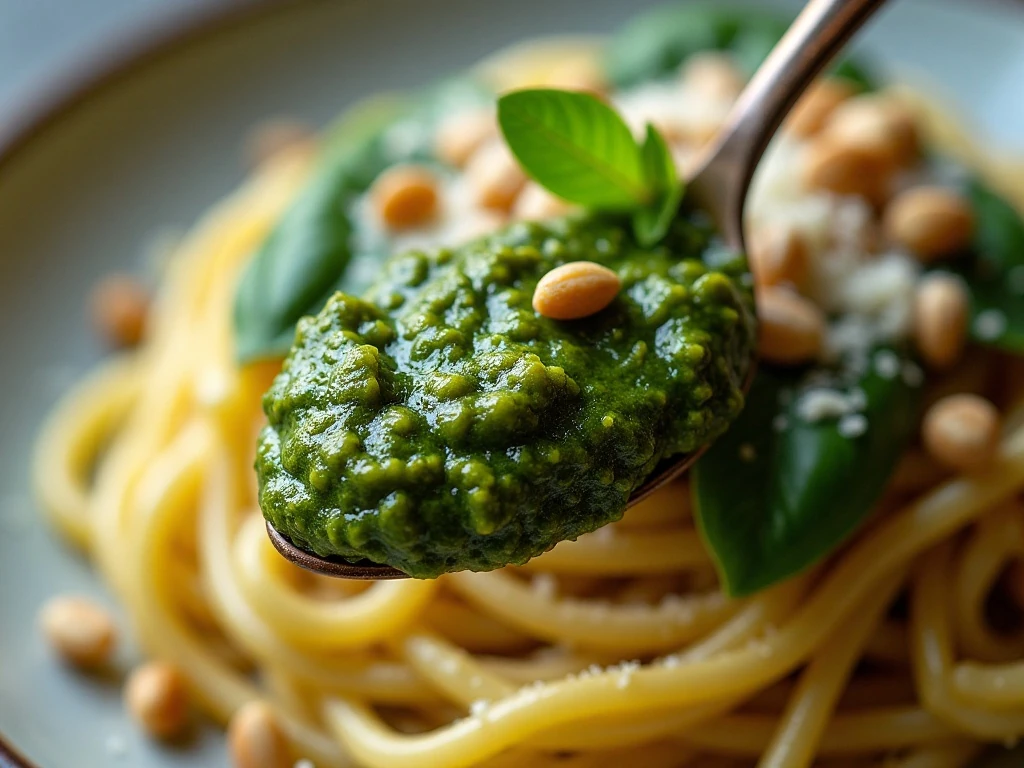 Close-up of basil pesto with Parmesan and pine nuts