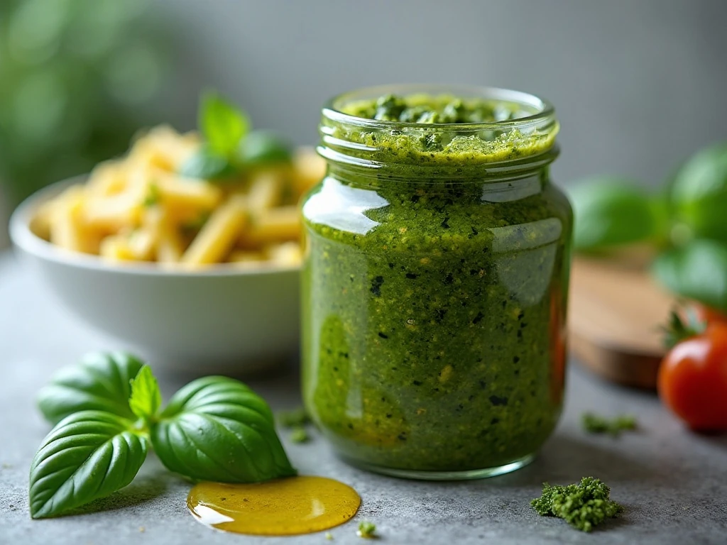 Homemade basil pesto stored in a jar