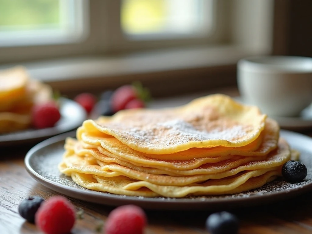 Stack of easy homemade crepes served for breakfast with berries and powdered sugar