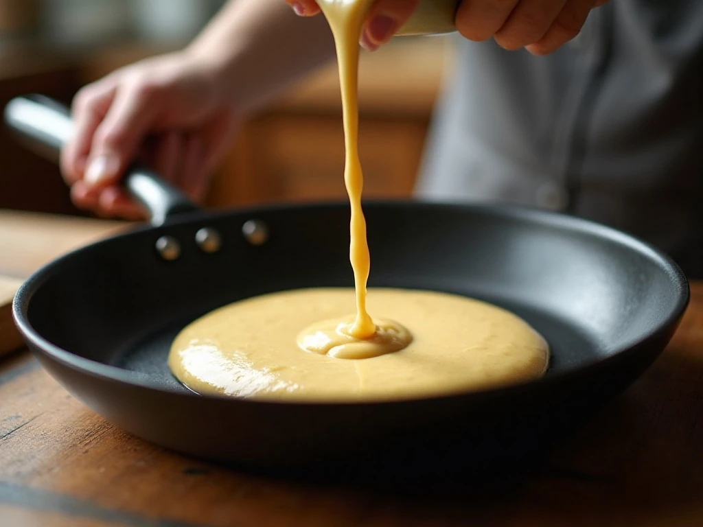 Pouring and swirling crepe batter in an 8-inch skillet