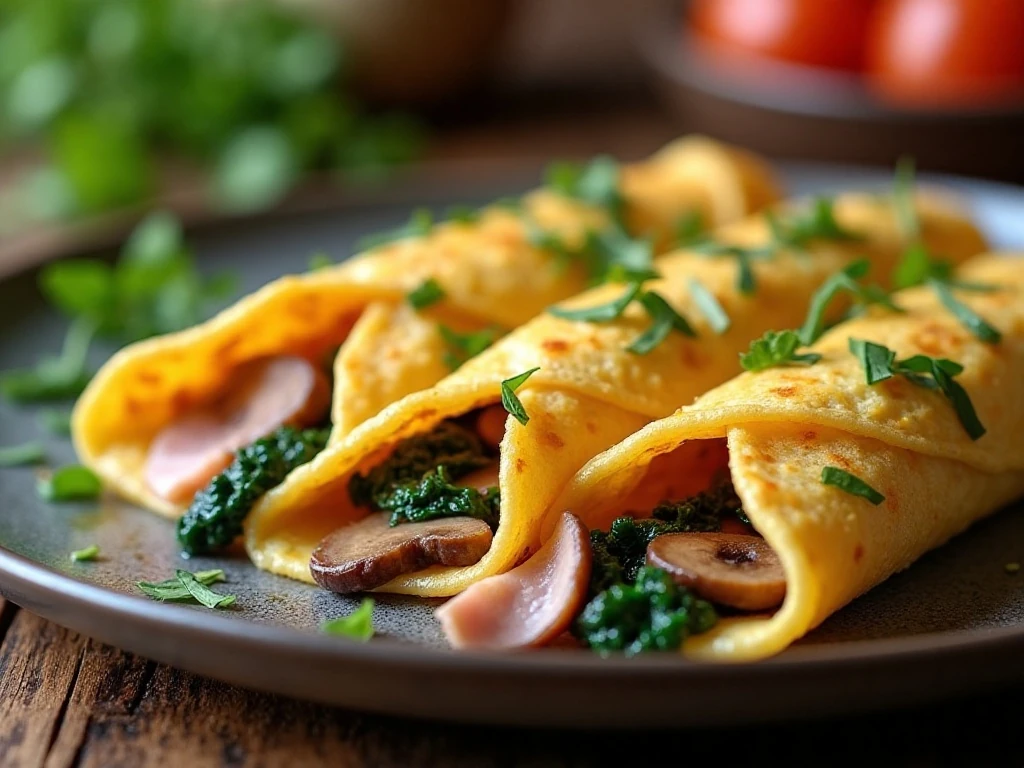 Savory crepes filled with ham cheese mushrooms spinach and eggs