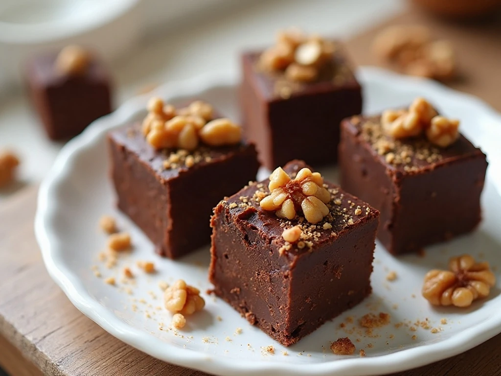 Creamy homemade chocolate fudge squares arranged on a serving plate