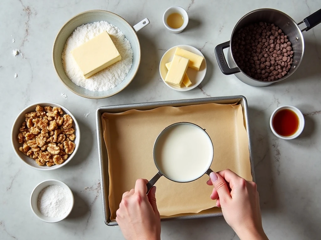Ingredients for easy homemade fudge arranged for preparation