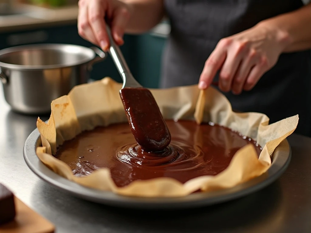 Chocolate fudge mixture being spread in a lined baking pan