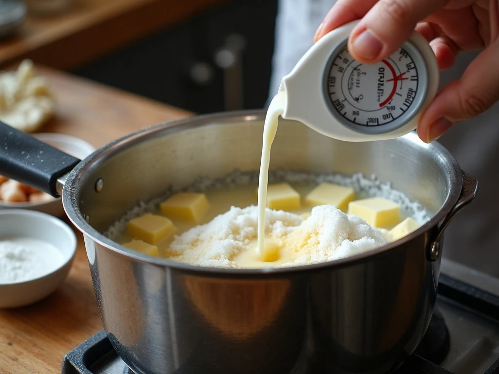Candy thermometer showing the soft-ball stage for homemade fudge