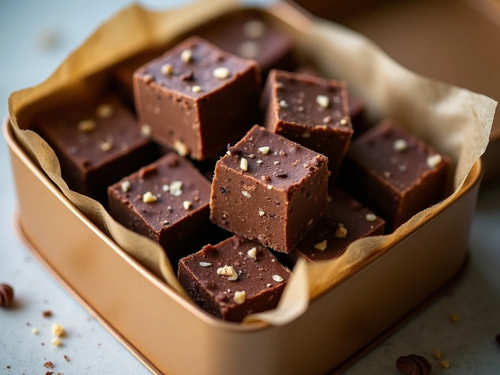 Homemade fudge squares stored between parchment layers