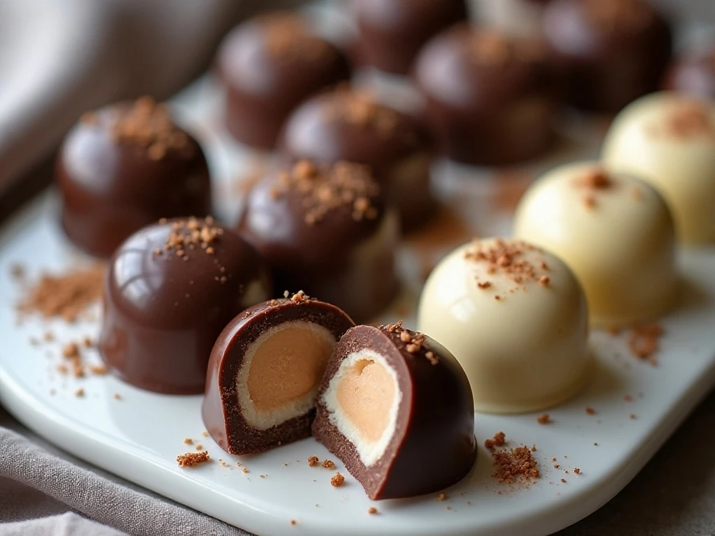 Assorted homemade gourmet chocolates with different fillings arranged on a dessert board