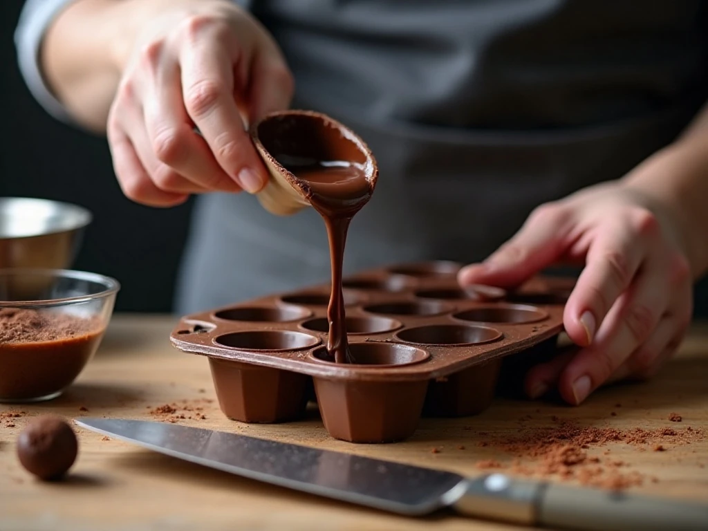 Making chocolate shells in a mold with tempered chocolate
