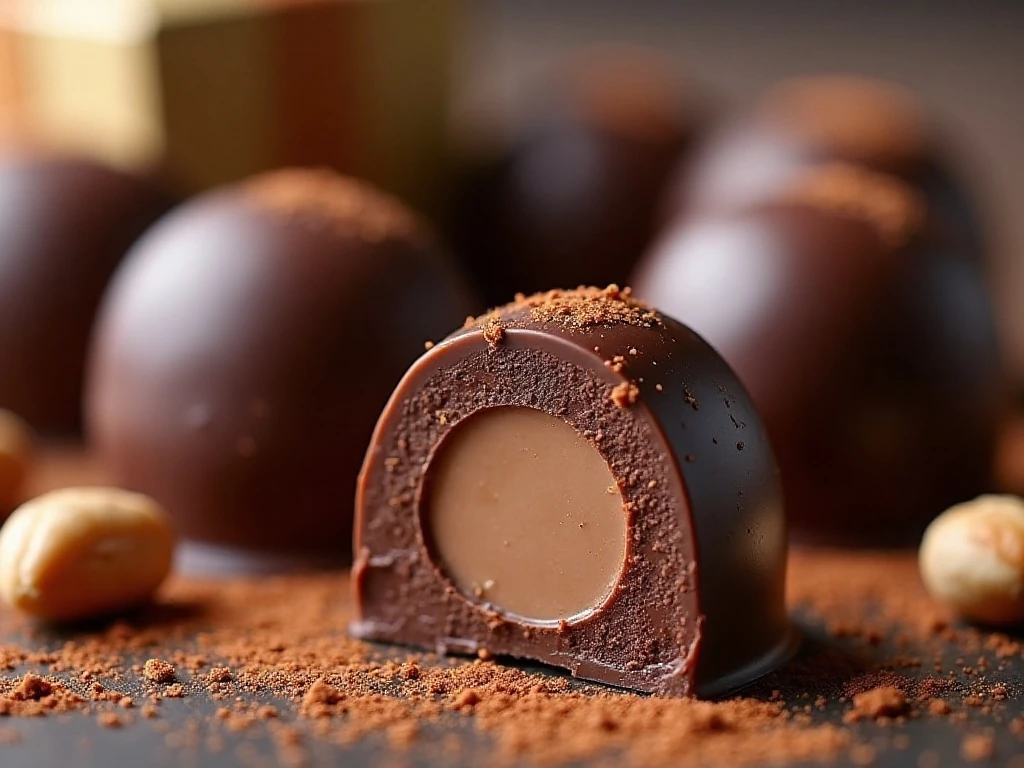 Cut homemade chocolate showing a smooth filled center