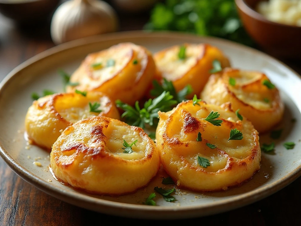 Crispy garlic Parmesan crash potatoes served on a platter