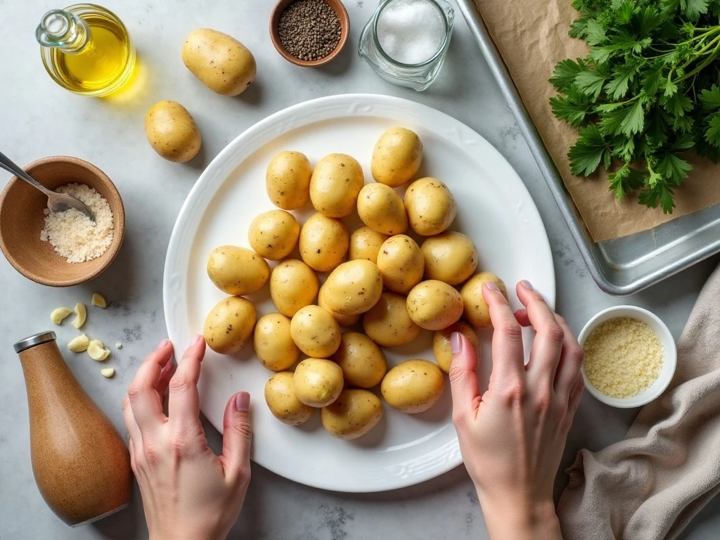 Ingredients for garlic Parmesan hot crash potatoes