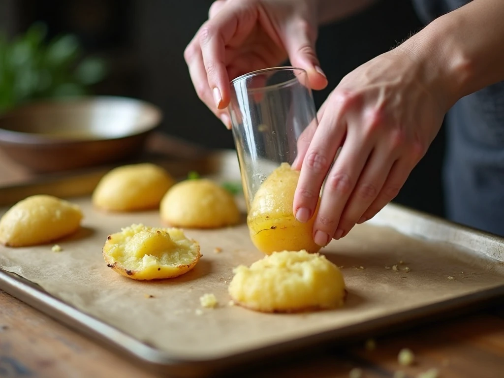 Smashed potatoes being flattened before roasting