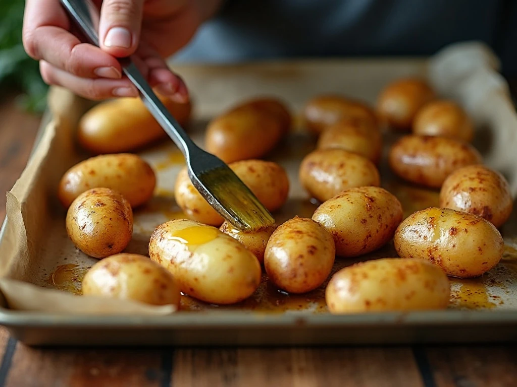 Garlic oil brushed over potatoes before roasting