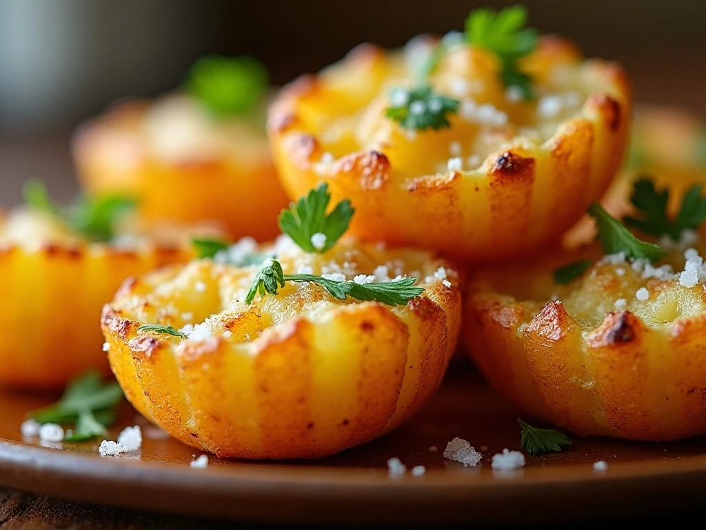 Close-up of Parmesan-topped crispy smashed potatoes