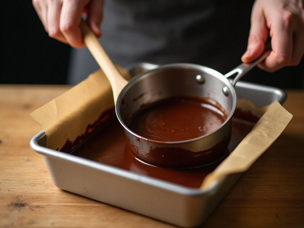 Chocolate fudge mixture being stirred before setting