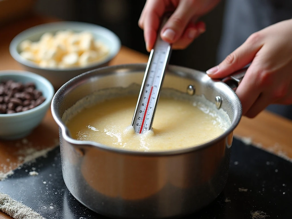 Candy thermometer checking fudge syrup temperature