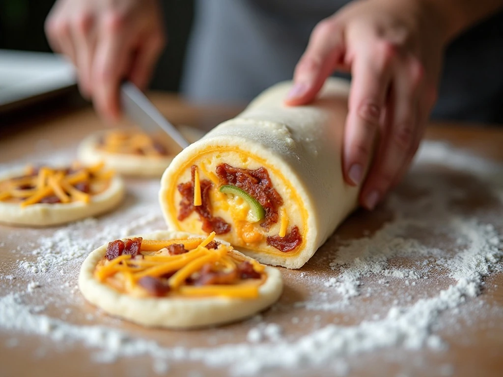Slicing pizza dough into jalapeno popper rolls