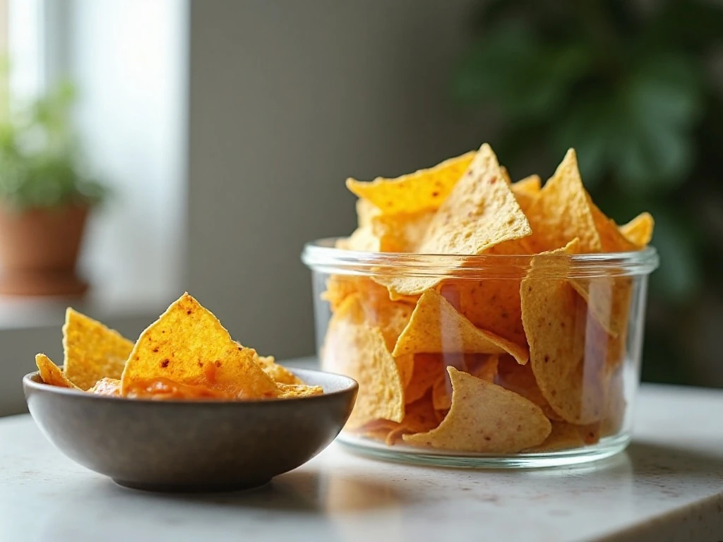 Stored homemade keto tortilla chips ready for serving