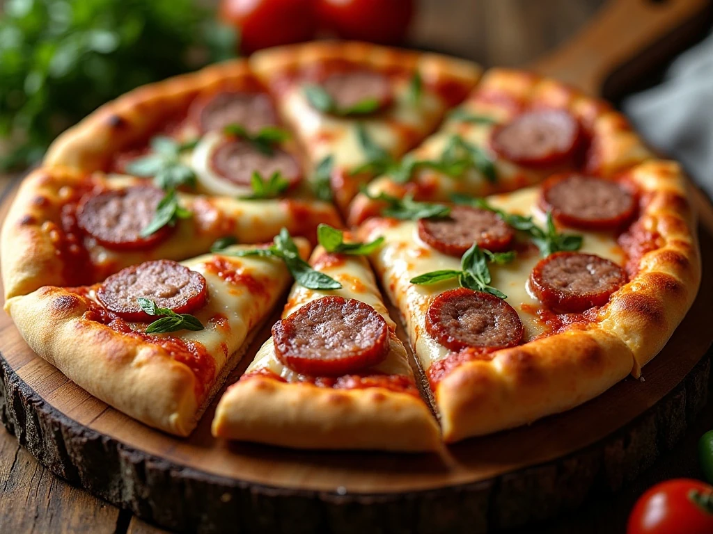 Golden kielbasa pizza topped with mozzarella, green pepper, and onion