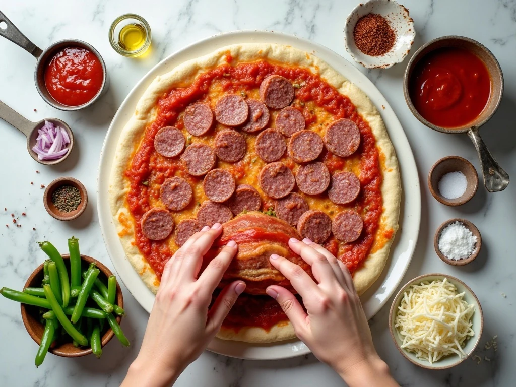 Ingredients for easy kielbasa pizza arranged for cooking