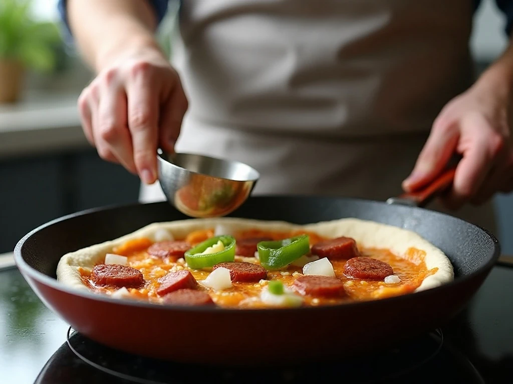 Kielbasa, onion, and green pepper browning in a skillet for pizza
