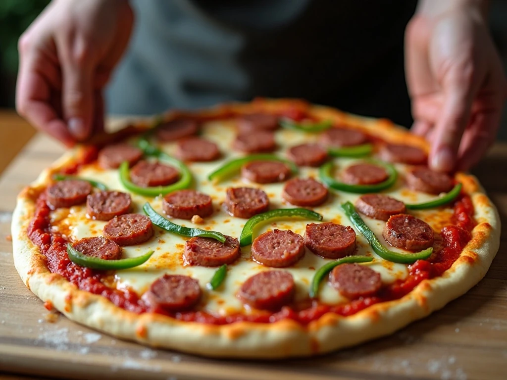 Pizza crust being evenly topped with sauce, cheese, kielbasa, and vegetables