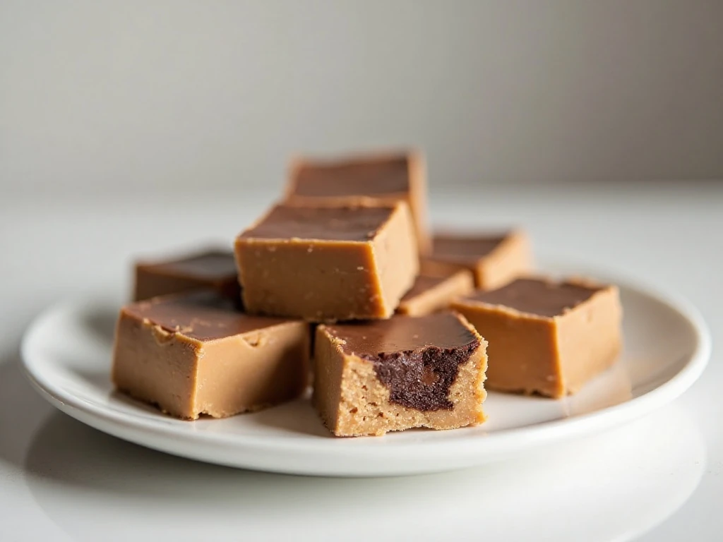 Small squares of creamy three-ingredient KitKat fudge on a serving plate