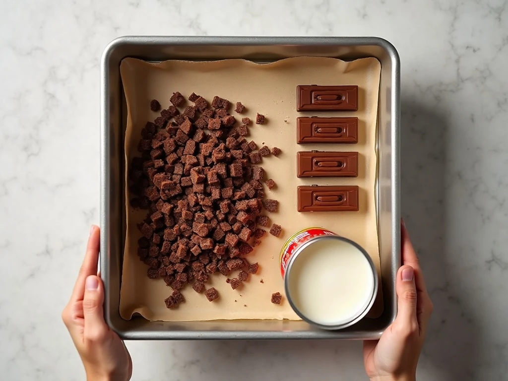 Chocolate, condensed milk, KitKat bars, and pan for KitKat fudge