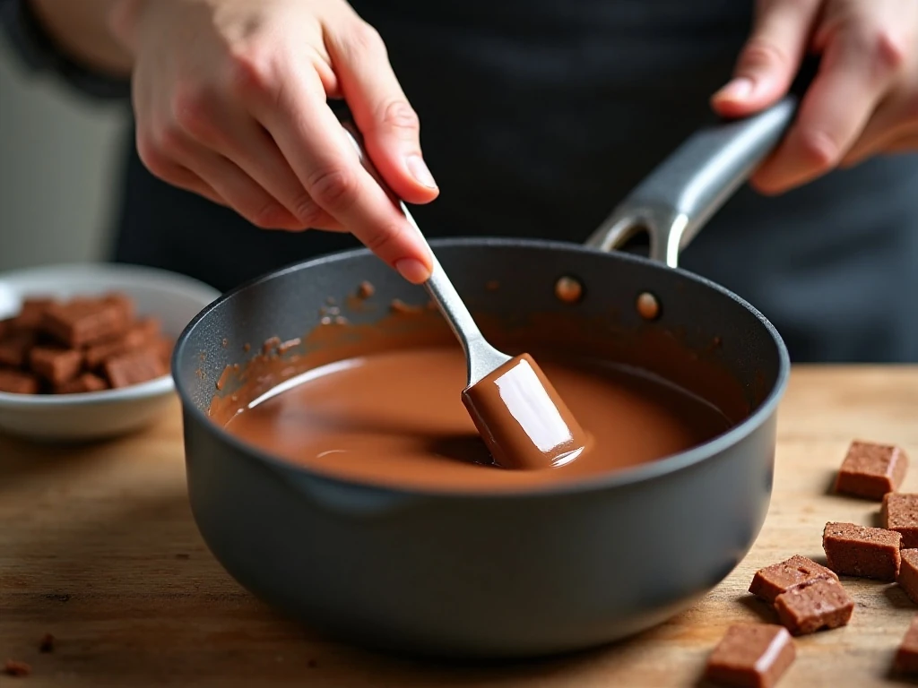 Melting chocolate and condensed milk for homemade KitKat fudge
