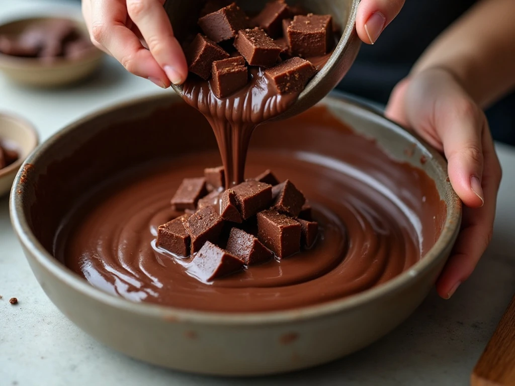 Folding chopped KitKat pieces into smooth chocolate fudge