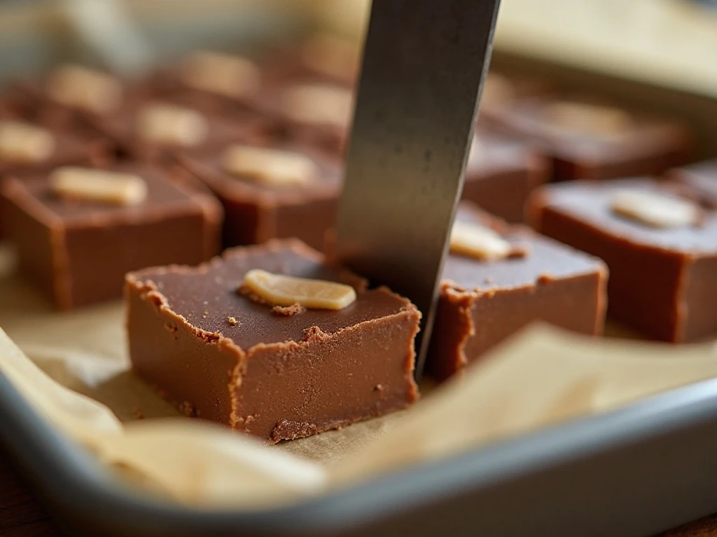 Cutting chilled KitKat fudge into small squares