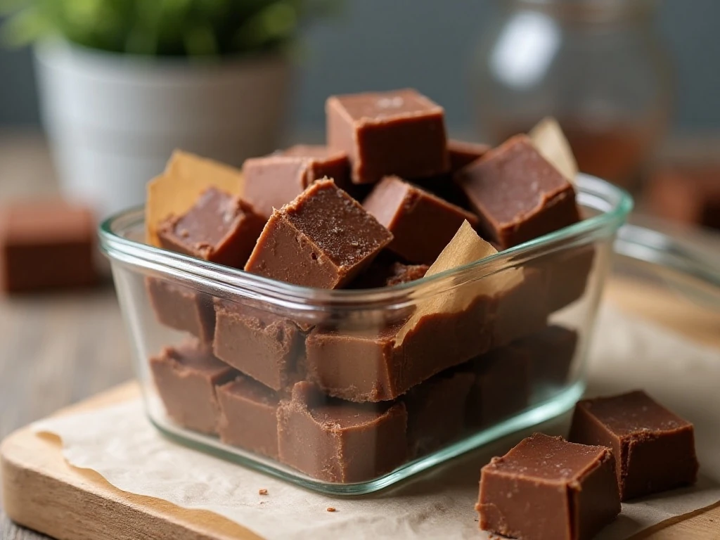 KitKat fudge squares stored between layers of baking paper