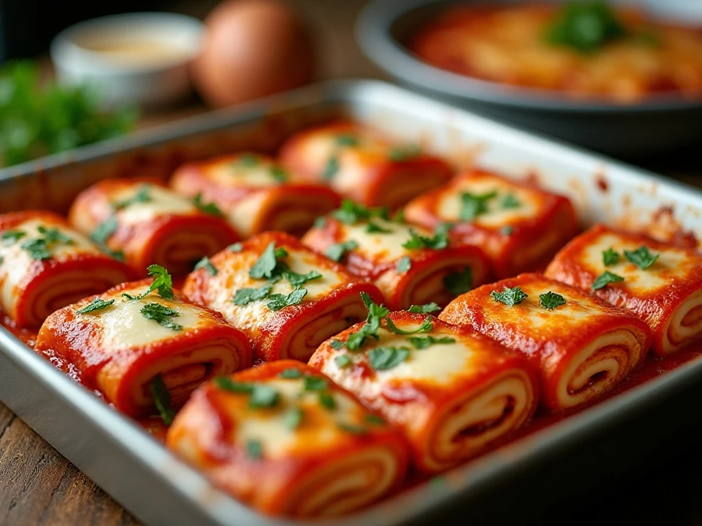 A dish of cheesy lasagna roll ups in marinara sauce