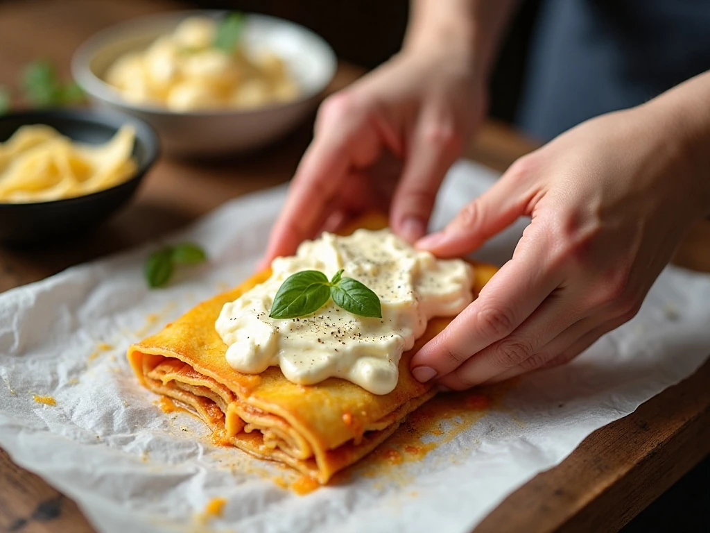 Spreading ricotta filling over a lasagna noodle