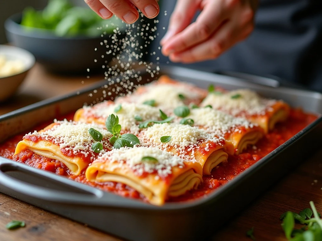 Lasagna roll ups arranged in sauce before baking