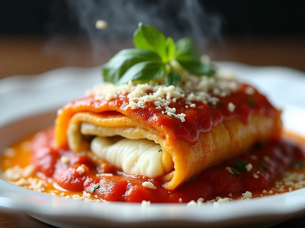 Close-up of a cheesy lasagna roll up ready to serve