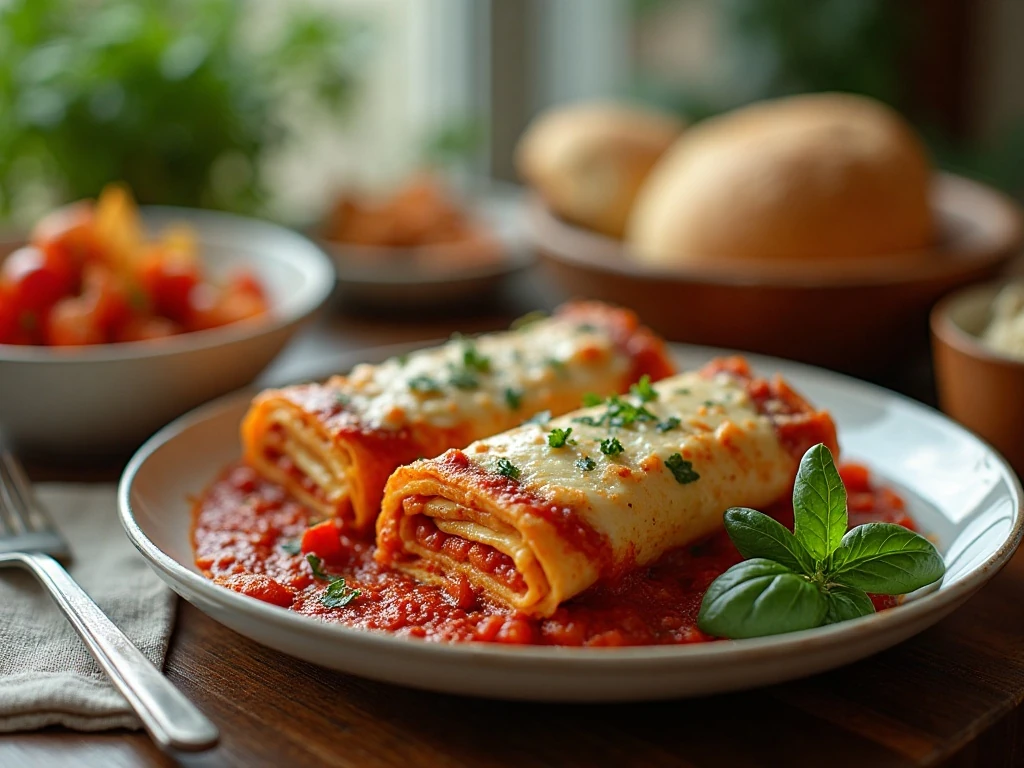 Lasagna roll ups served with salad, vegetables, and bread
