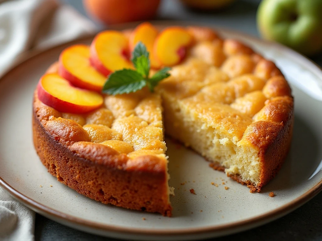 Slice of homemade late-summer peach cake with golden crumb and baked peach slices