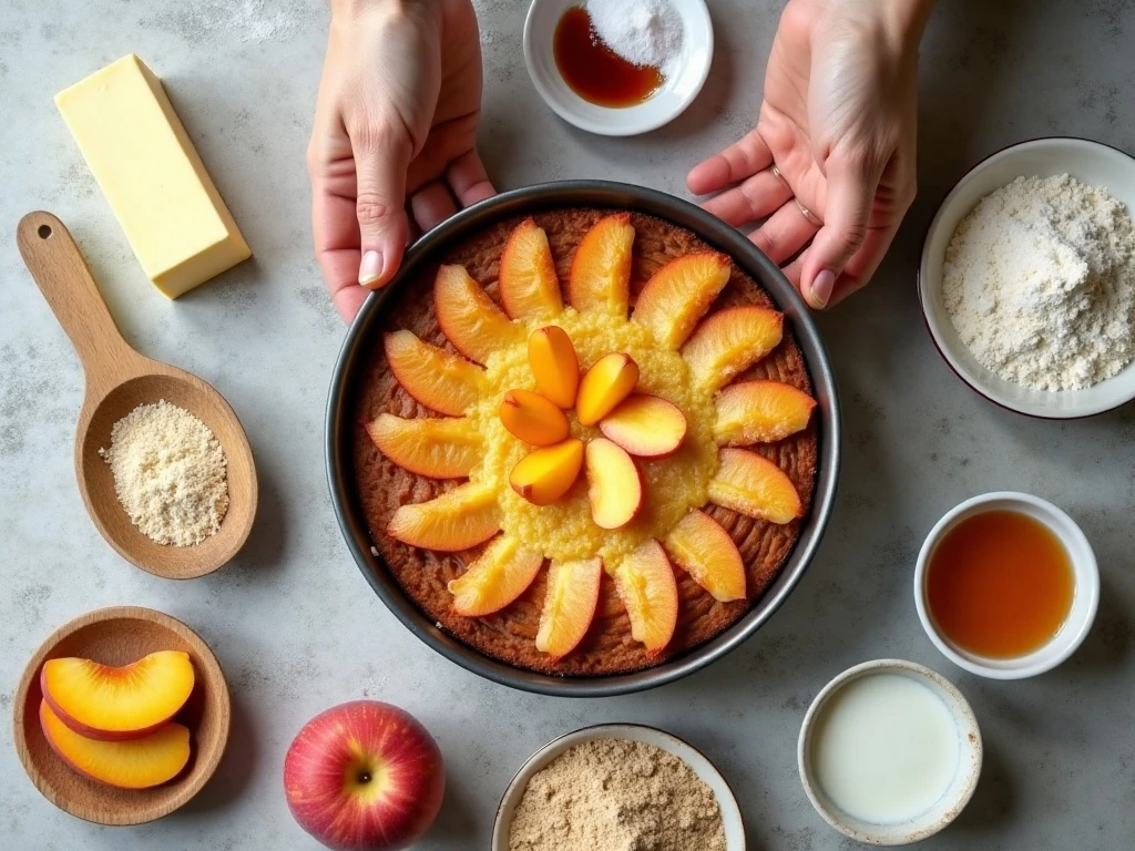 Ingredients for an easy late-summer peach cake recipe
