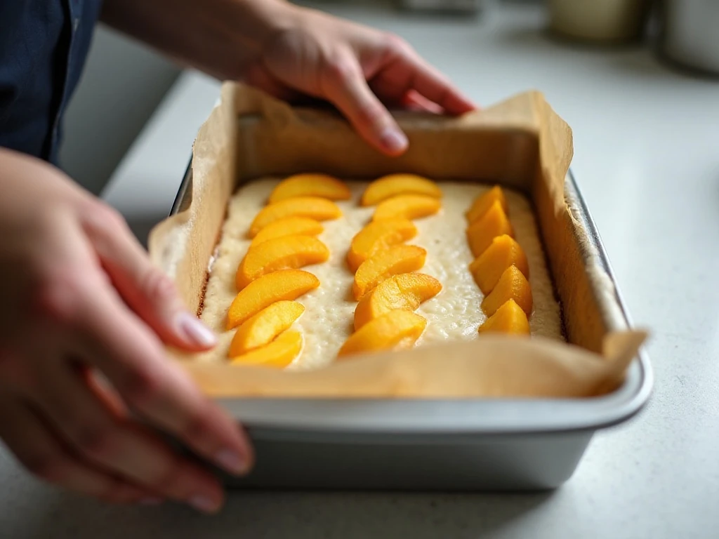 Arranging peach slices over cake batter before baking