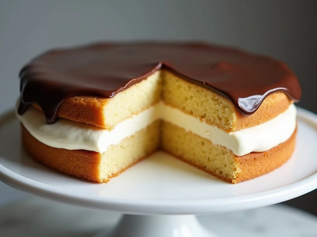 Layered Boston cream pie with vanilla pastry cream and chocolate ganache