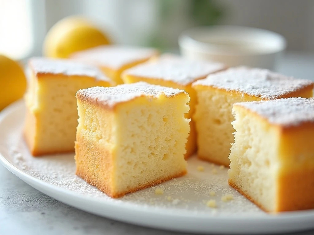 Slices of light and airy lemon angel food cake dusted with confectioners’ sugar