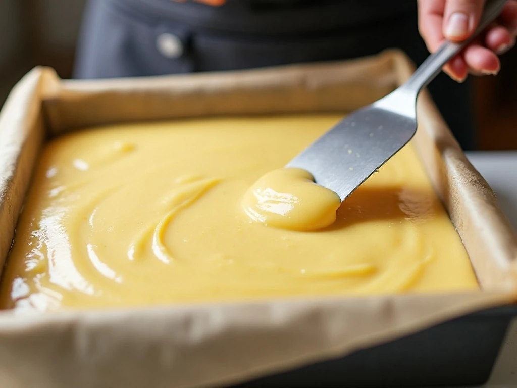 Spreading lemon angel food cake batter evenly in a baking pan