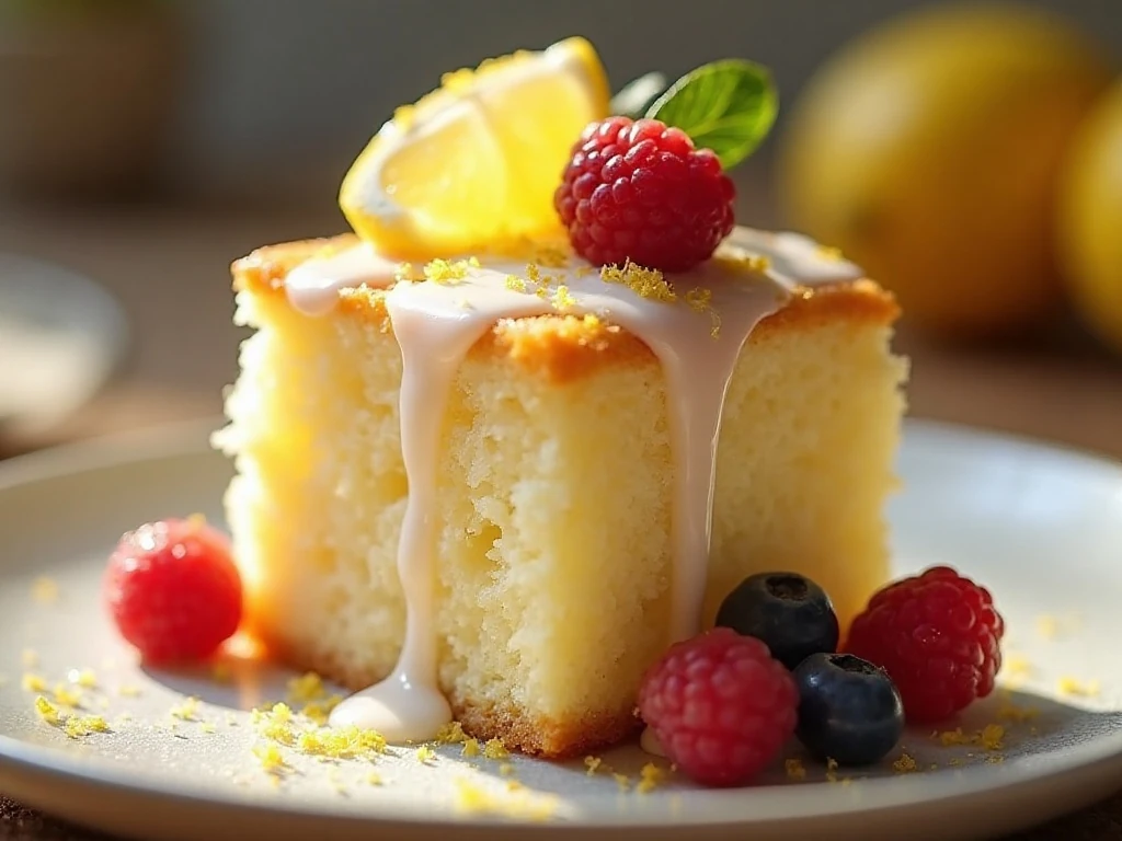 Lemon angel food cake with glaze, lemon zest, and berries
