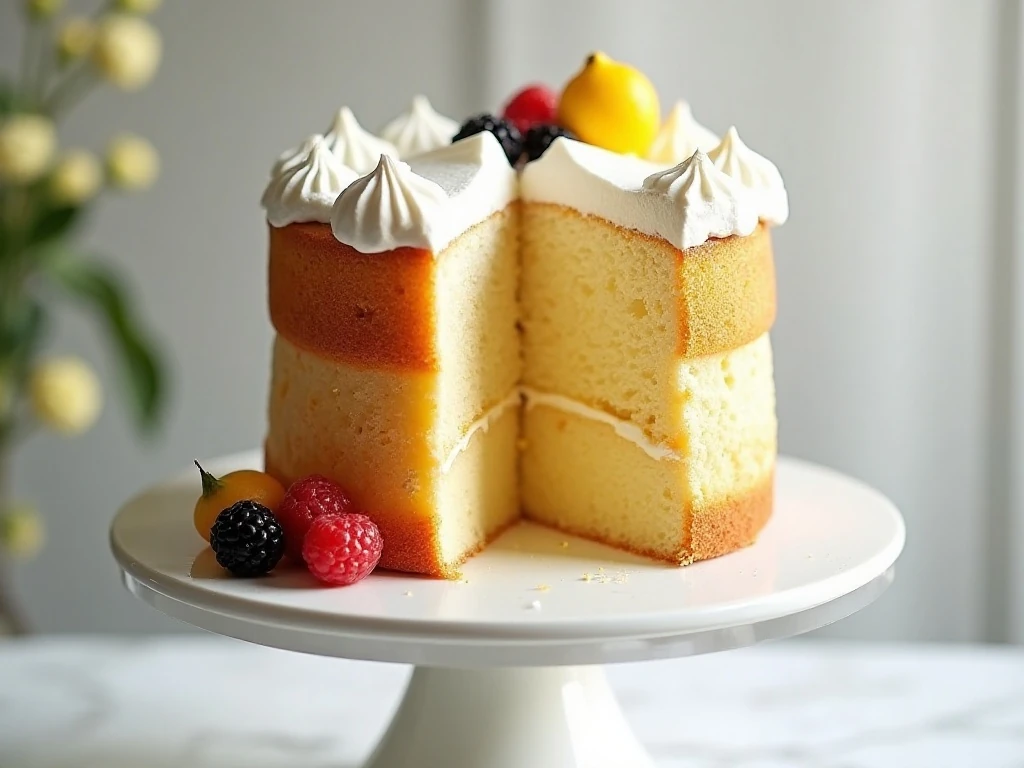 Tall homemade lemon angel food cake with an airy crumb and golden crust