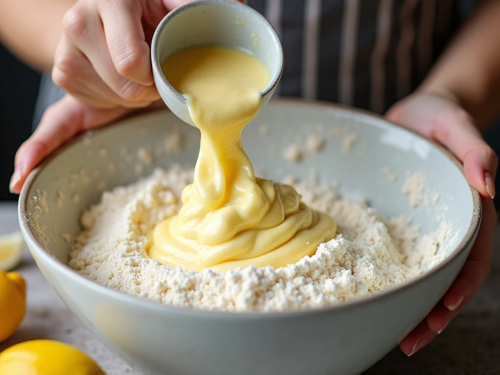 Folding sifted flour into whipped egg whites for lemon angel food cake