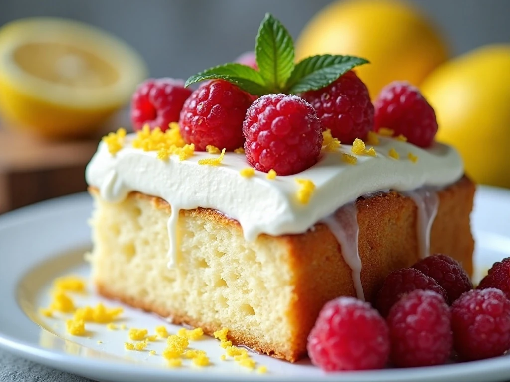 Glazed lemon angel food cake slice with berries and whipped cream