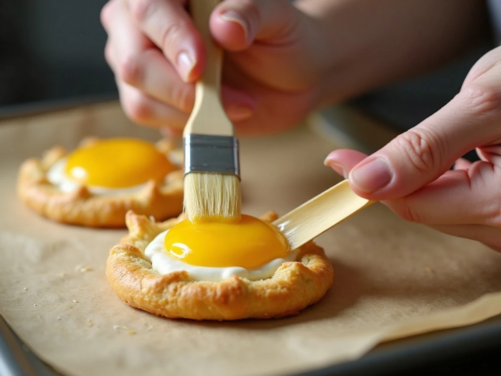 Brushing egg wash onto filled lemon Danish pastries before baking