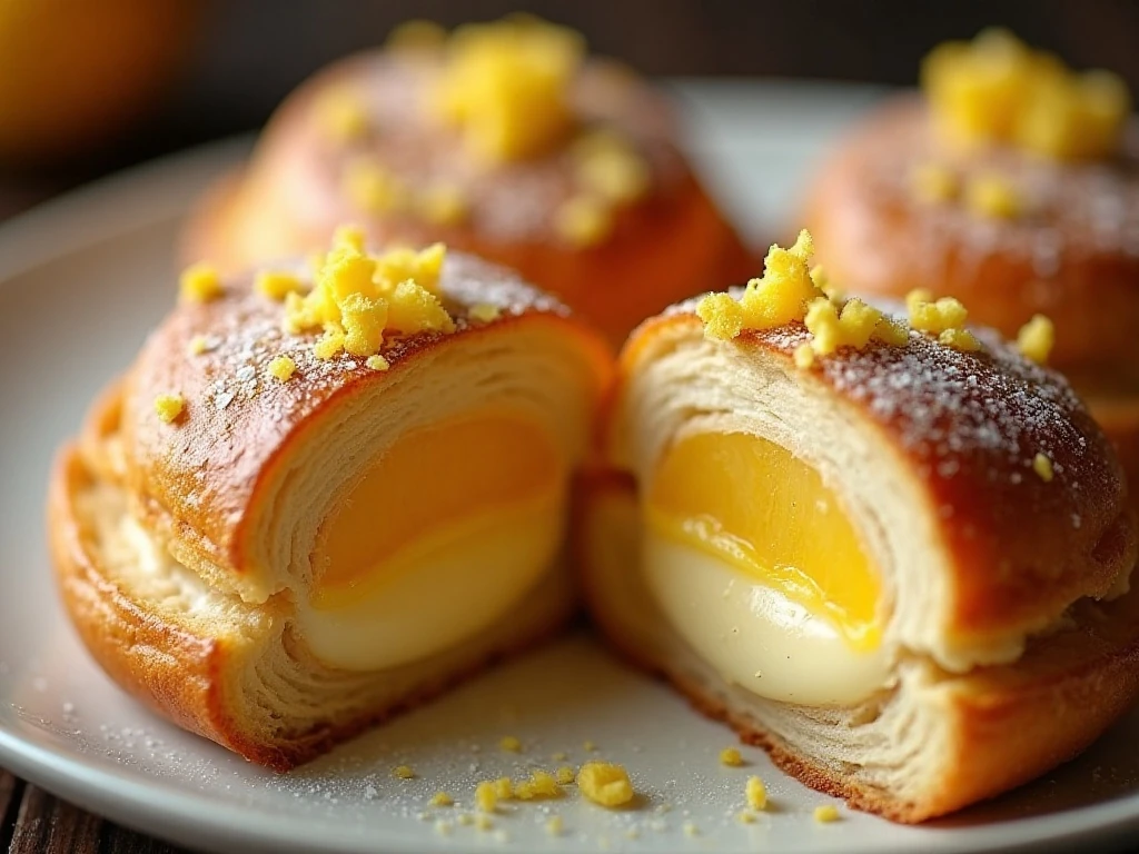 Close-up of flaky layers and lemon cream filling in a Danish pastry