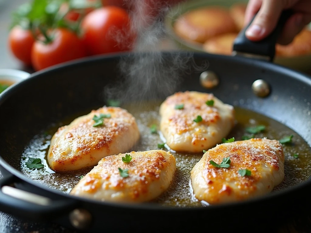 Chicken breasts browning in a skillet for lemon pepper chicken